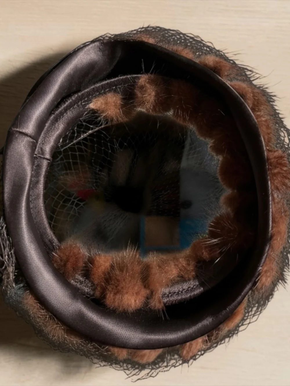 Vintage Edwardian Satin and Fur Hat with Decorative Bow and Netting